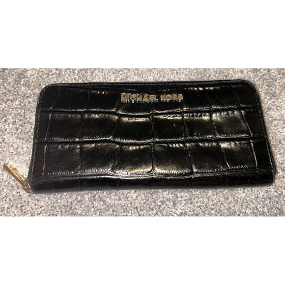 Michael Kors Handbags - Michael Kors Wallet Croc Embossed Black Zip-around Gold Zipper